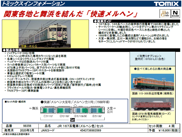 トミックス 98356 167系電車 (メルヘン色) セット (4両) Ｎゲージ 