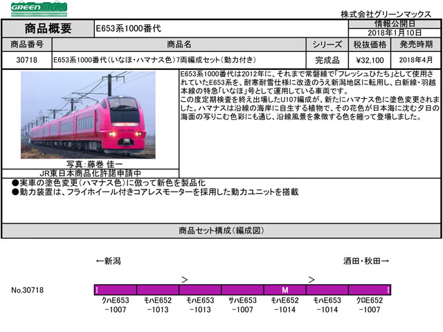 【在庫あ定番】グリーンマックス30718 E653系1000番台いなほ　ハマナス色 鉄道模型