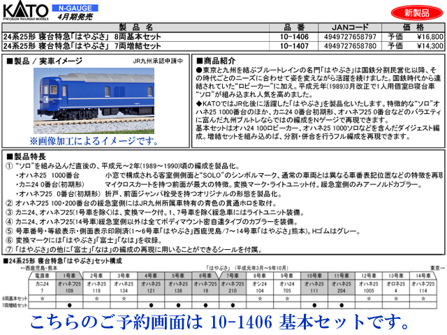 KATO 10-1406 24系25形 寝台特急「はやぶさ」基本8両セット 鉄道模型 N