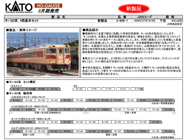 KATO 3-509-1 キハ82系4両基本セット 鉄道模型 HOゲージ タムタム