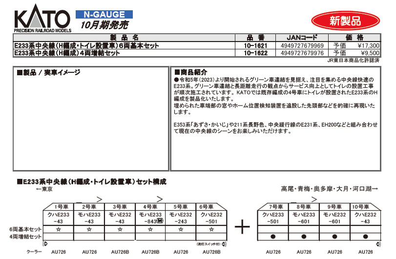 KATO 10-1621 E233系中央線(H編成・トイレ設置車）基本6両セット Nゲージ タムタムオンラインショップ札幌店 通販 鉄道模型