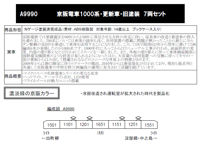 マイクロエース A9990 京阪電車1000系・更新車・旧塗装 7両セット ...